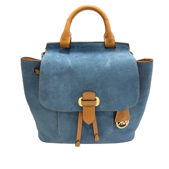 Michael Kors Women’s “Romy” Denim Blue Suede & Tan Leather Backpack NWT - Picture 2 of 16
